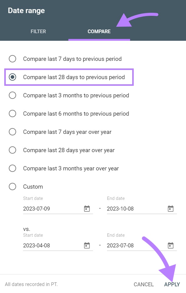 "Compare last 28 days to previous period" option selected under "COMPARE" window in GSC