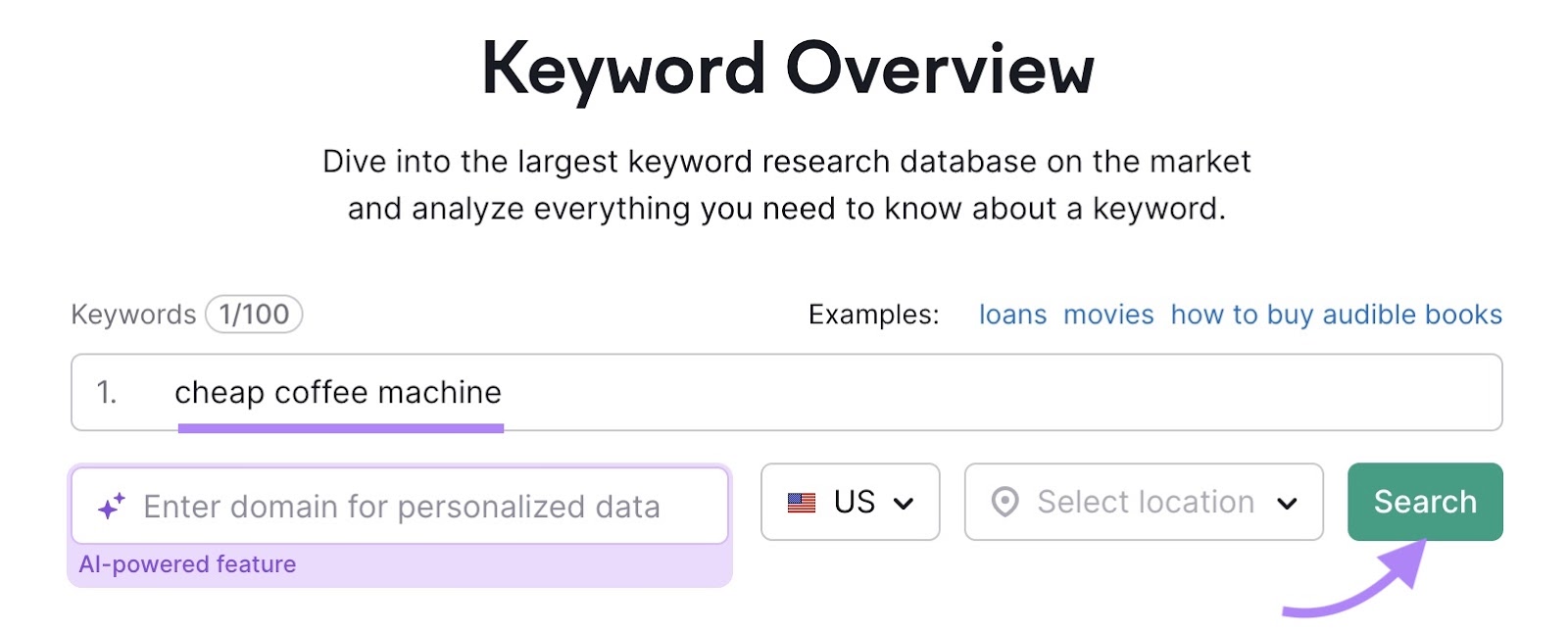 Keyword overview with "cheap java  machine" entered and the "Search" fastener  clicked.