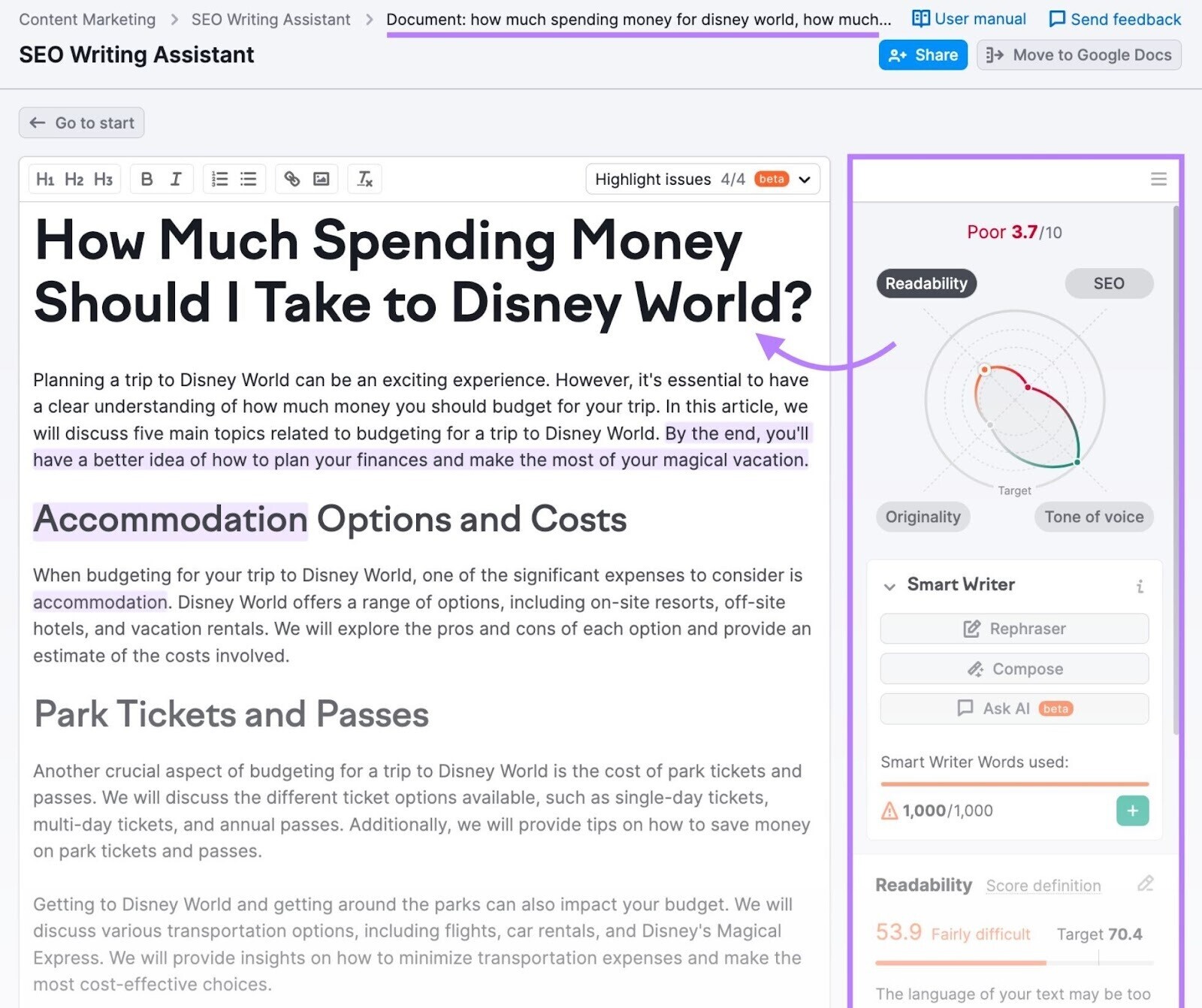 SEO Writing Assistant shows scores for content’s readability, originality, SEO, and tone of voice