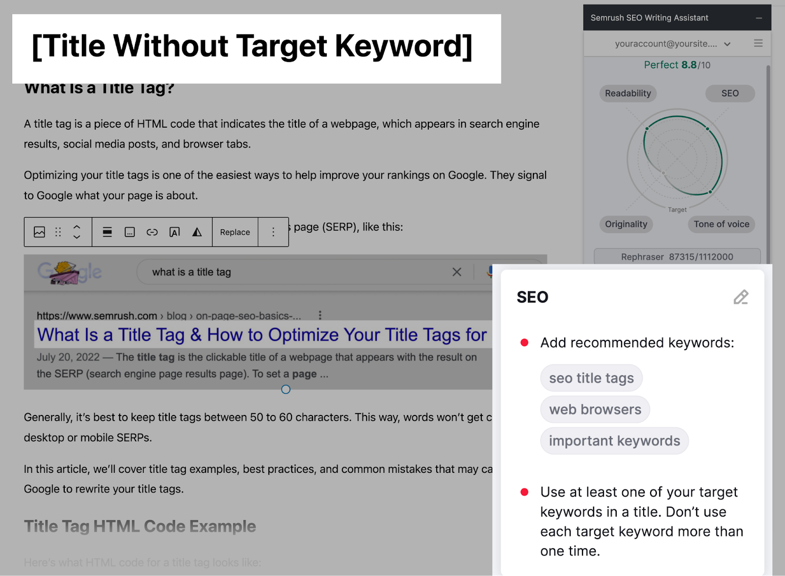 SEO Writing Assistant plugin showing that article’s title doesn’t include target keyword