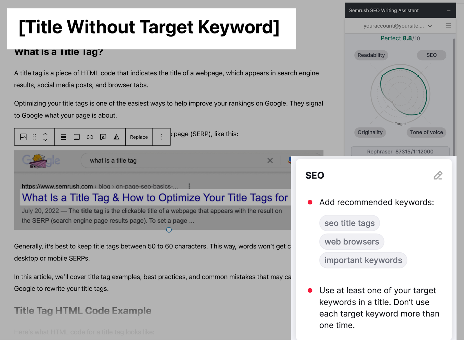 El plugin SEO Writing Assistant muestra que el título del artículo no incluye la palabra clave objetivo