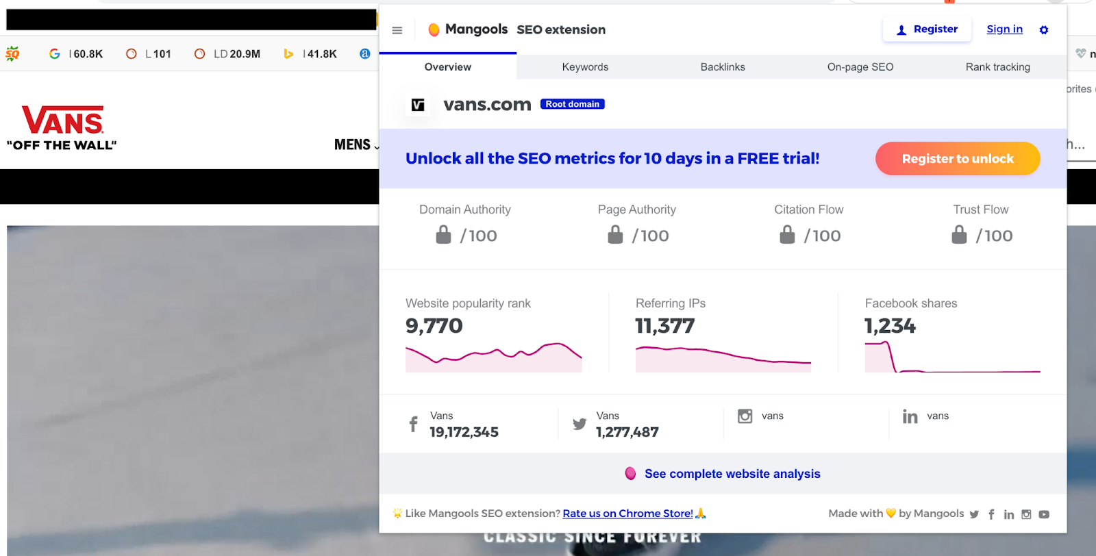 Mangools Chrome extension data on the Vans site