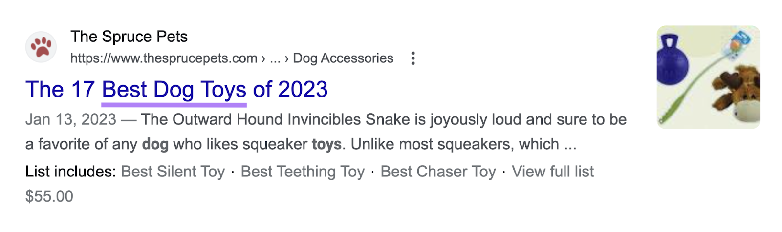 "Best Dog Toys" highlighted in "The 17 Best Dog Toys of 2023" title tag on Google SERP