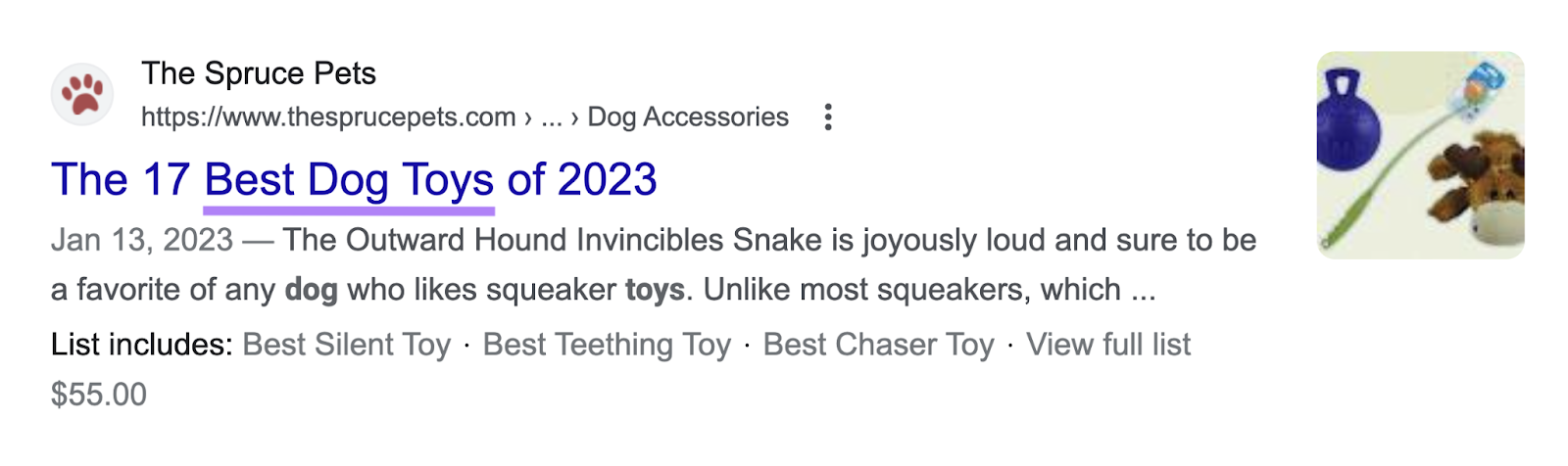 "Best  Toys" highlighted in "The 17 Best  Toys of 2023" title tag on Google SERP