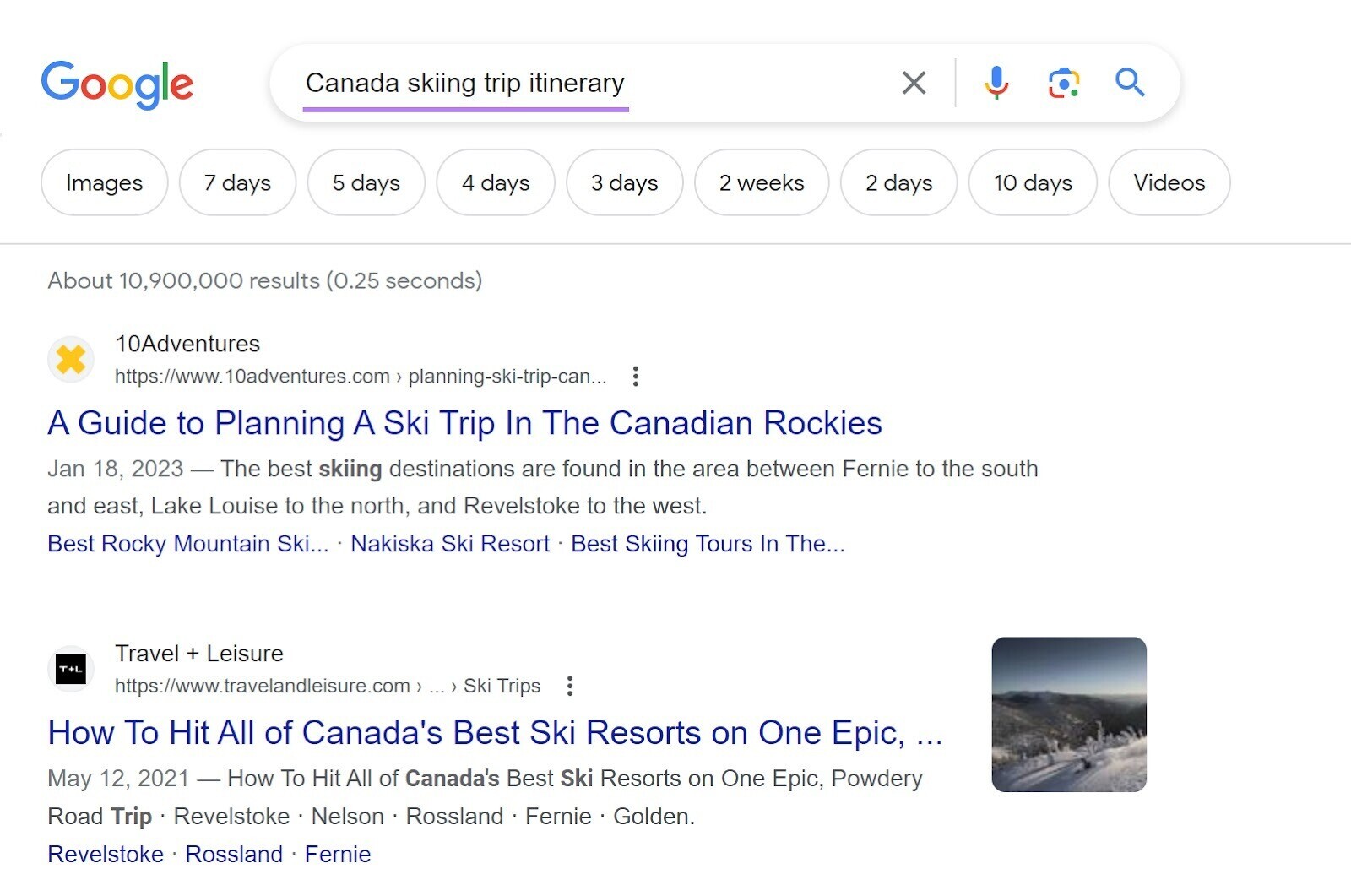 "Canada skiing trip itinerary" query in Google