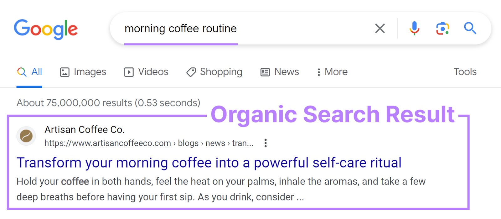Organic search result on Google SERP for "morning coffee routine"