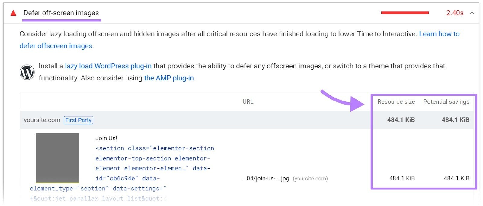 "Defer off-screen images" shows resource size and potential savings for images on PSI Diagnostics.