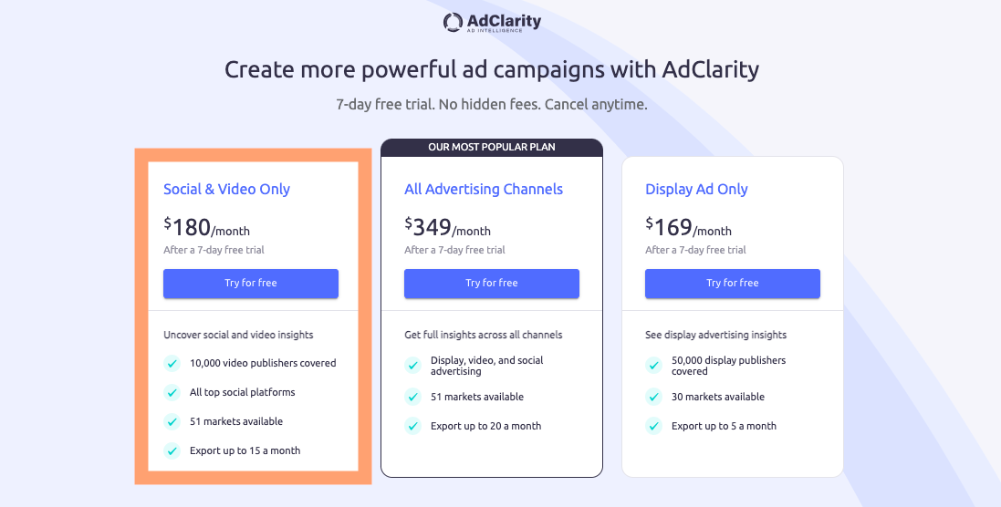 The three AdClarity pricing plans with the option for a 7-day free trial.