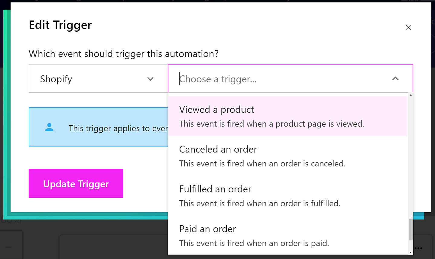 Choosing an email trigger in Drip