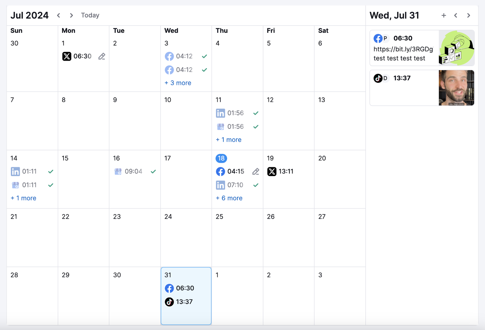 Social Poster calendar shows scheduled and posted content across platforms like Facebook, Google Business Profile, TikTok, Instagram, X, and more