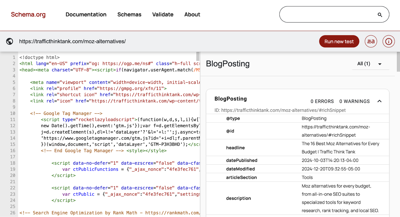 Schema Markup Validator pulls page codification and identifies markup.