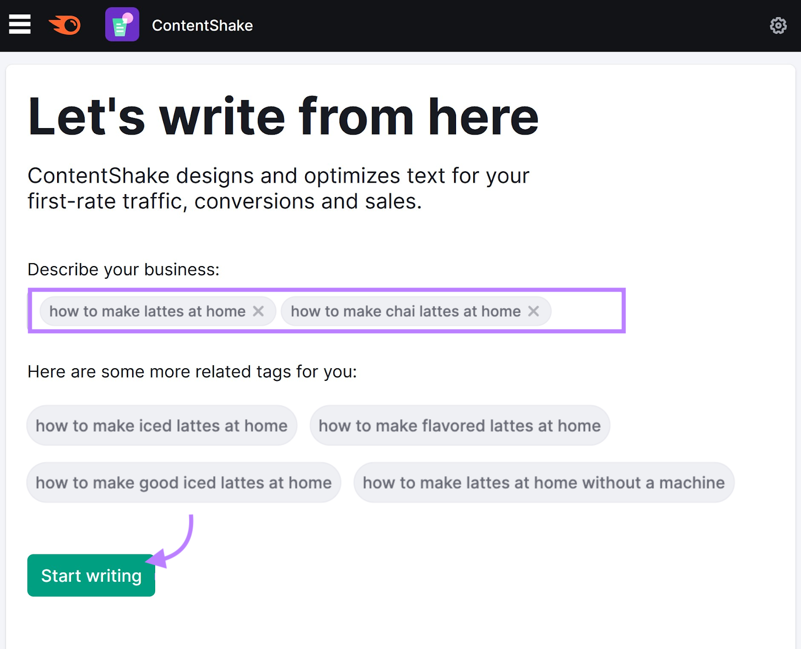 "how to marque   lattes astatine  home," and "how to marque   chai latte astatine  home" entered into the ContentShake AI tool