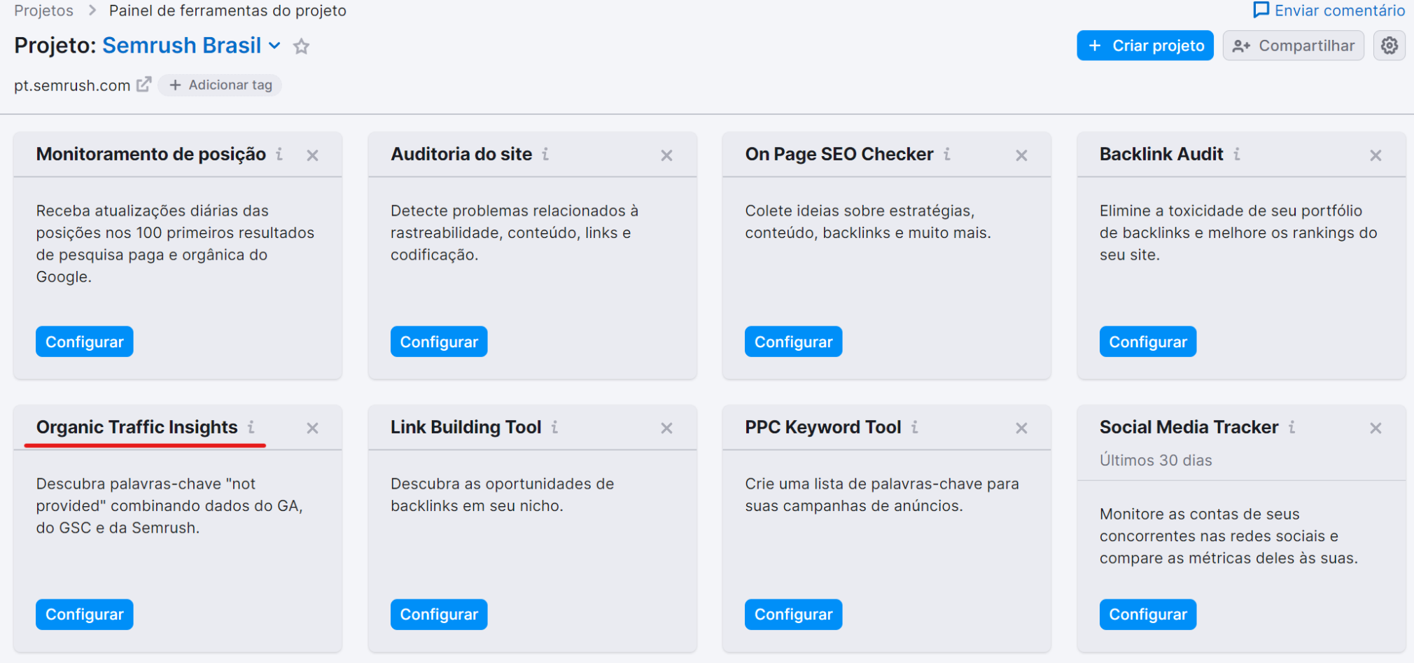 configurando novo projeto na ferramenta organic traffic insights