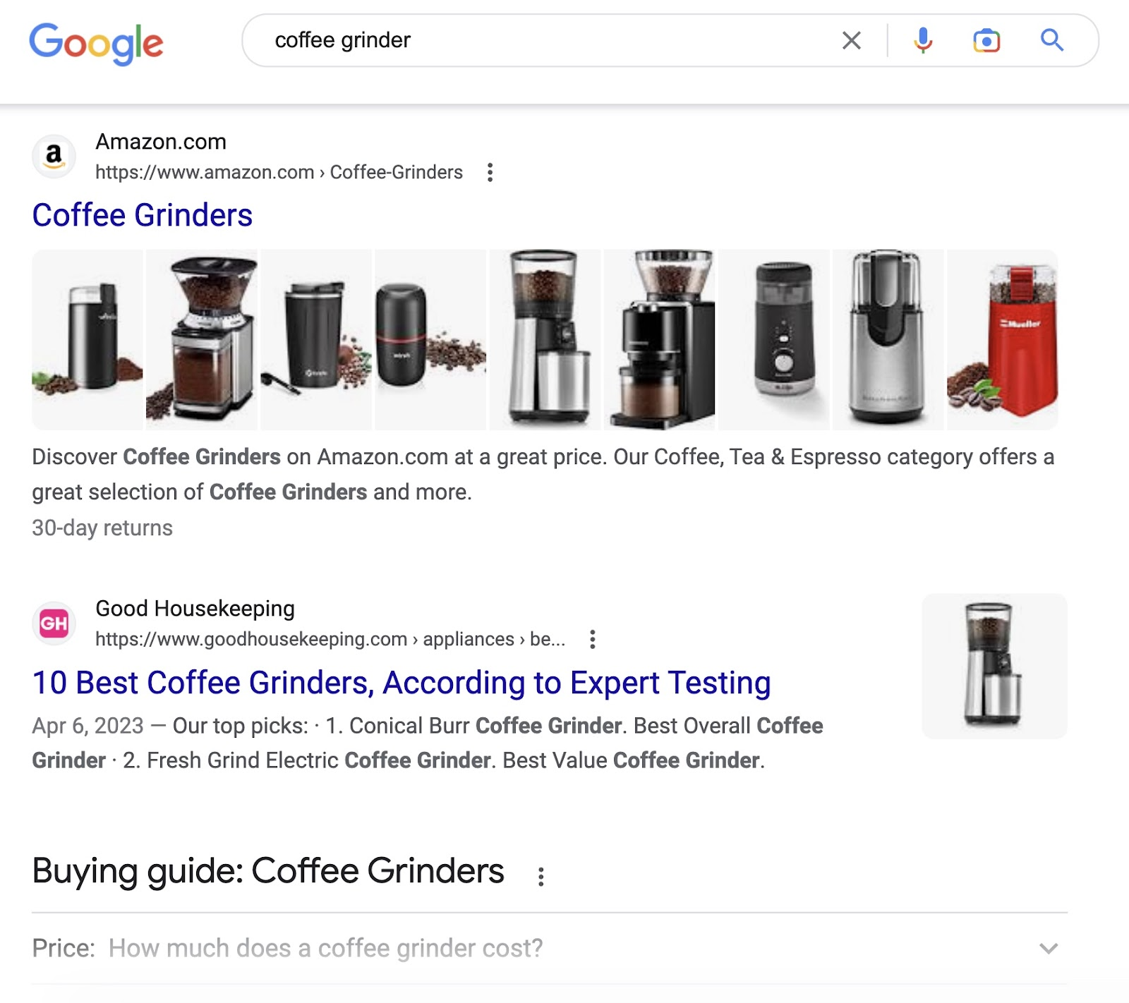 Google search for “coffee grinder”