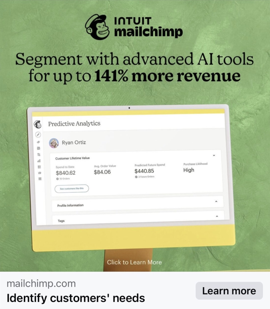 Image ad from 'Mailchimp' on Facebook stating how one can get up to 141% more revenue with their advanced AI tools.