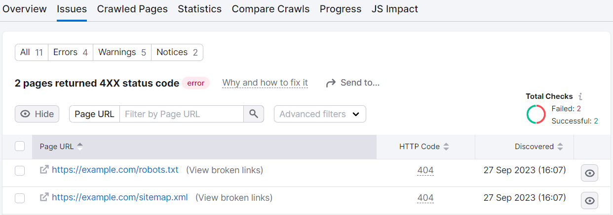 "2 pages returned 4XX status code" section