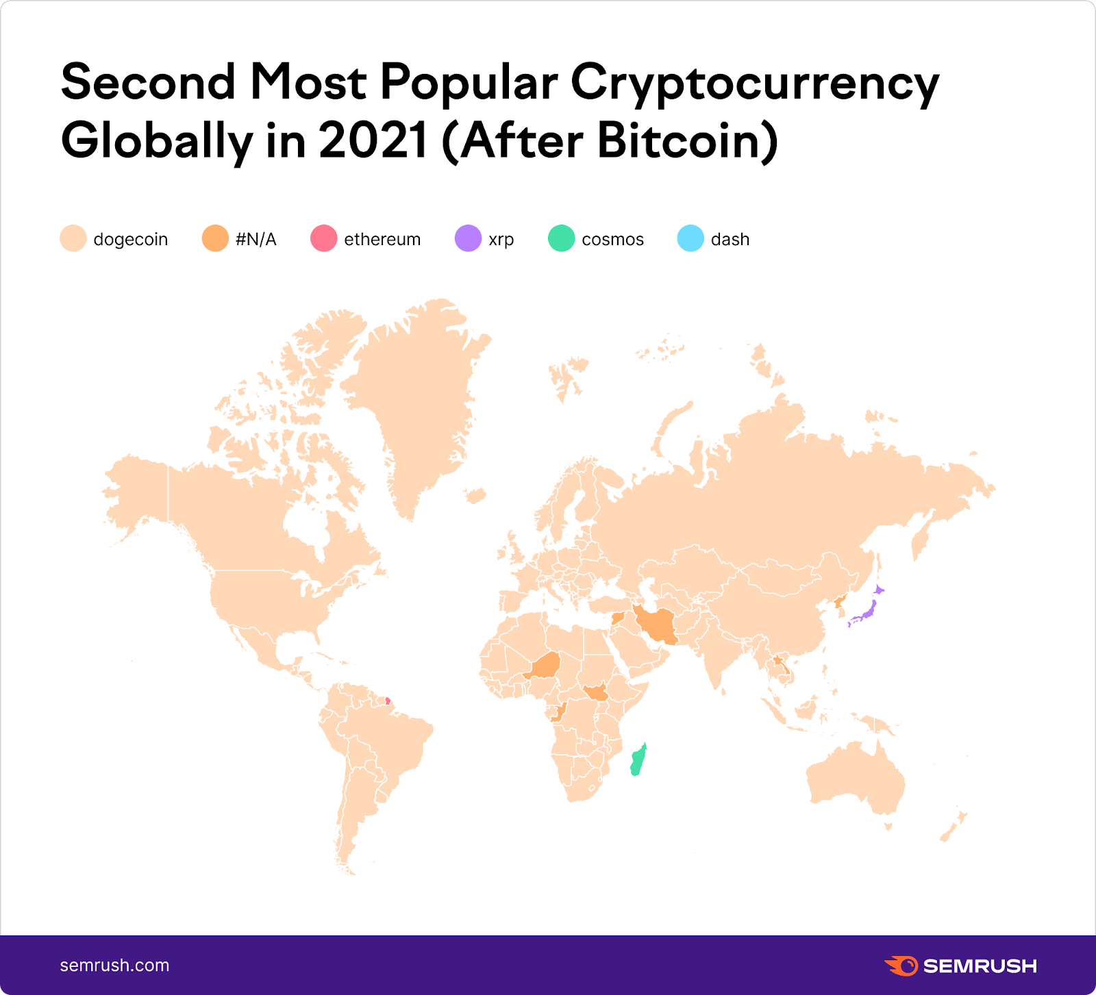 Semrush's "Second most popular cryptocurrency globally in 2021 (after bitcoin)" geographic infographic