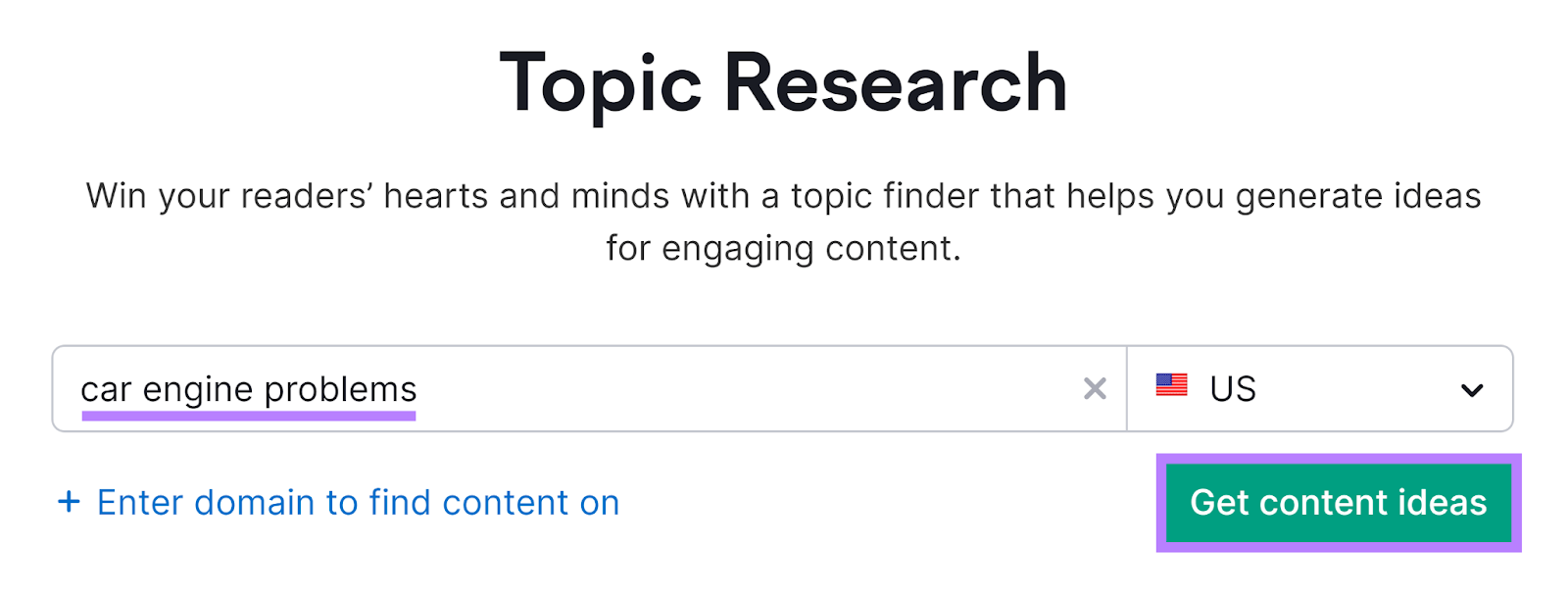 Topic Research tool start with keyword in input field and 'Get content ideas' highlighted.