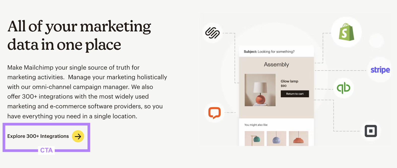 Mailchimp's "Explore 300+ integrations" CTA