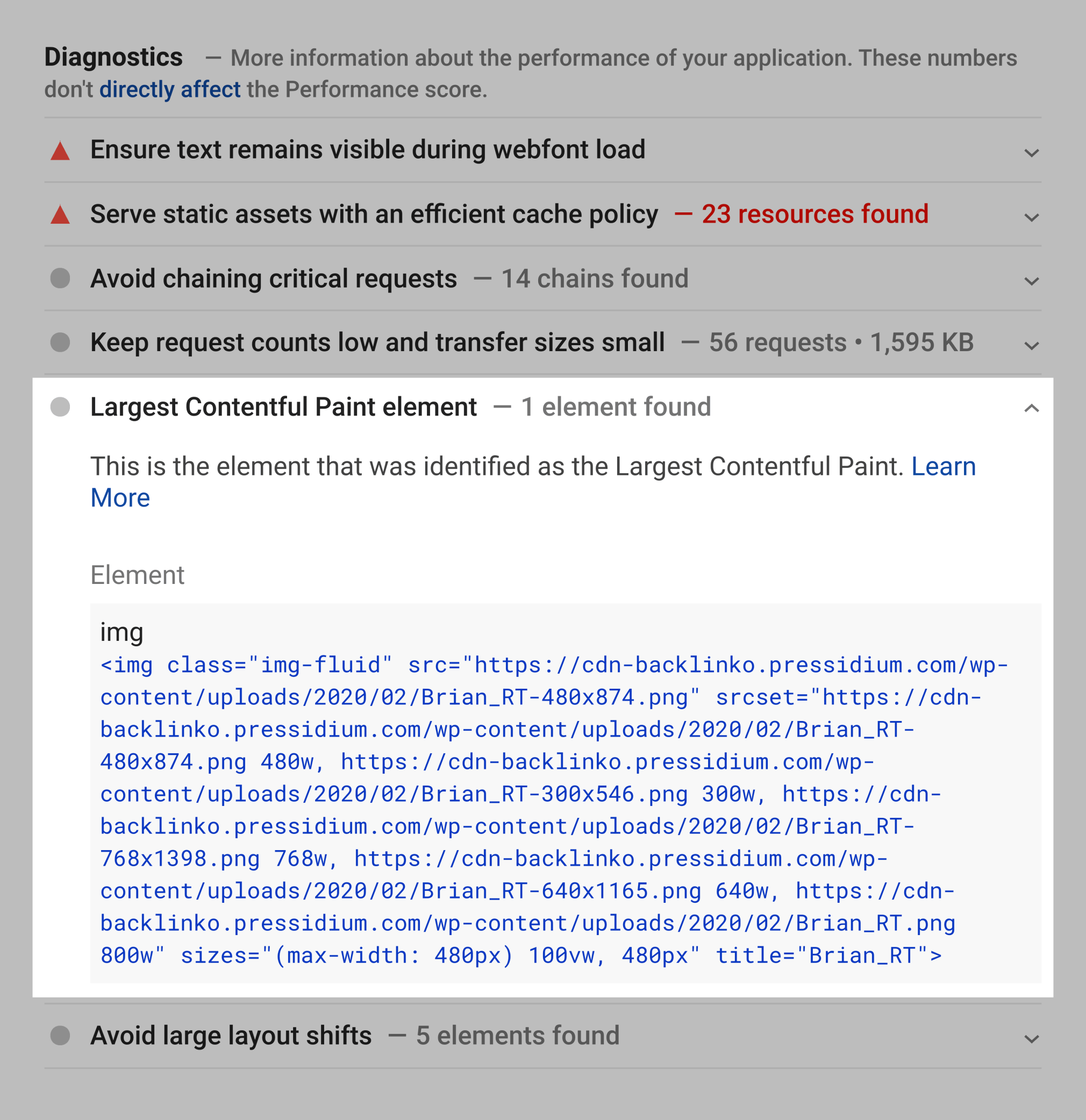 Google – Pagespeed insights – Largest contentful paint element