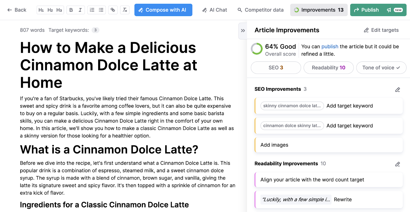 ContentShake AI tool's article improvements section showing the blog on the left and seo improvements on the right