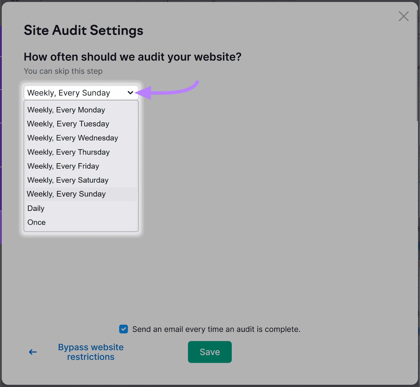 "How often should we audit your website?" section under Site Audit Settings