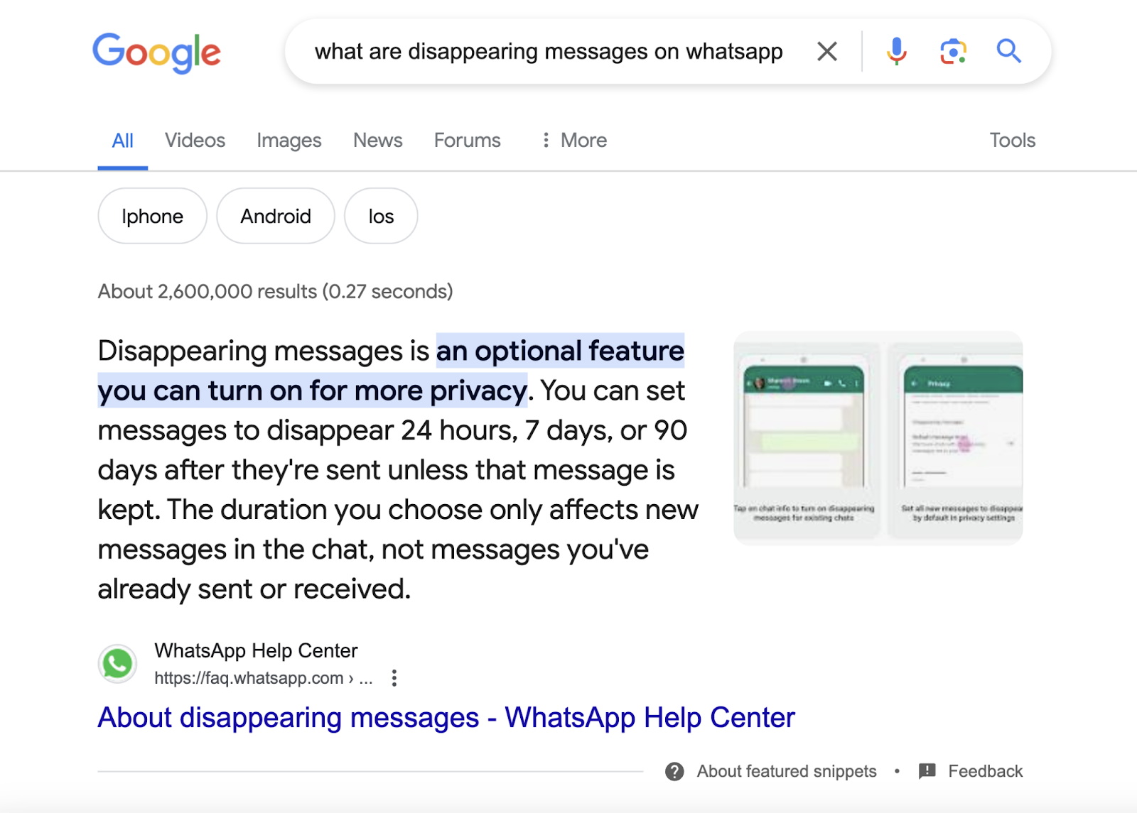 google search for "what are disappearing messages on whatsapp" shows featured snippet for whatsapp help center