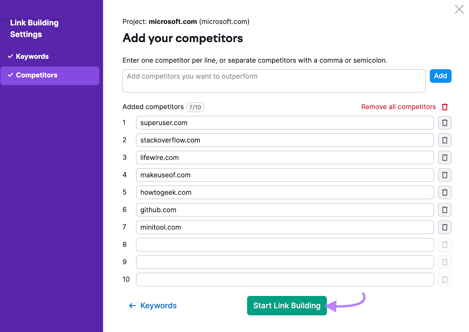 "Add your competitors" window in Link Building Settings