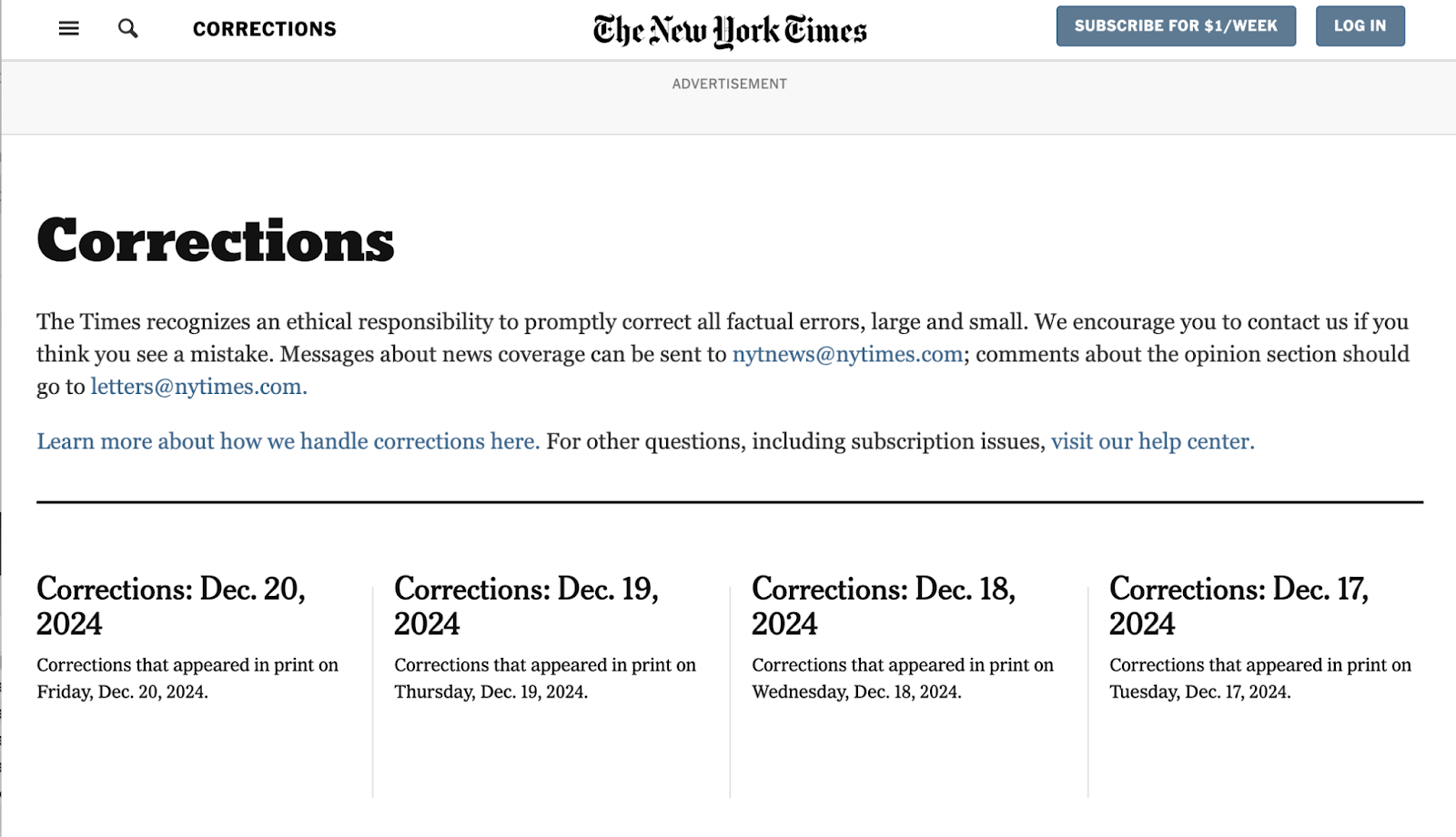 New York Times's corrections policy is described as well as who to contact and recent corrections.