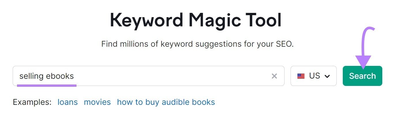 Keyword Magic Tool with "selling books" written in search bar and location set to US