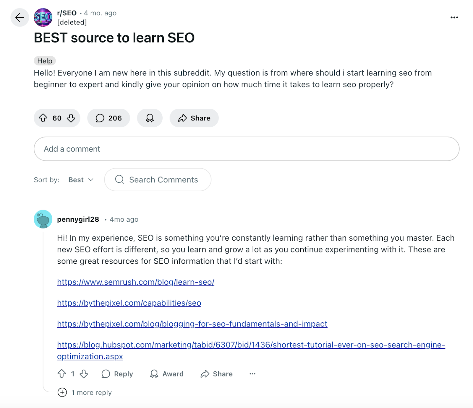 A user asks the best source to learn SEO and another user comments a few links in response.