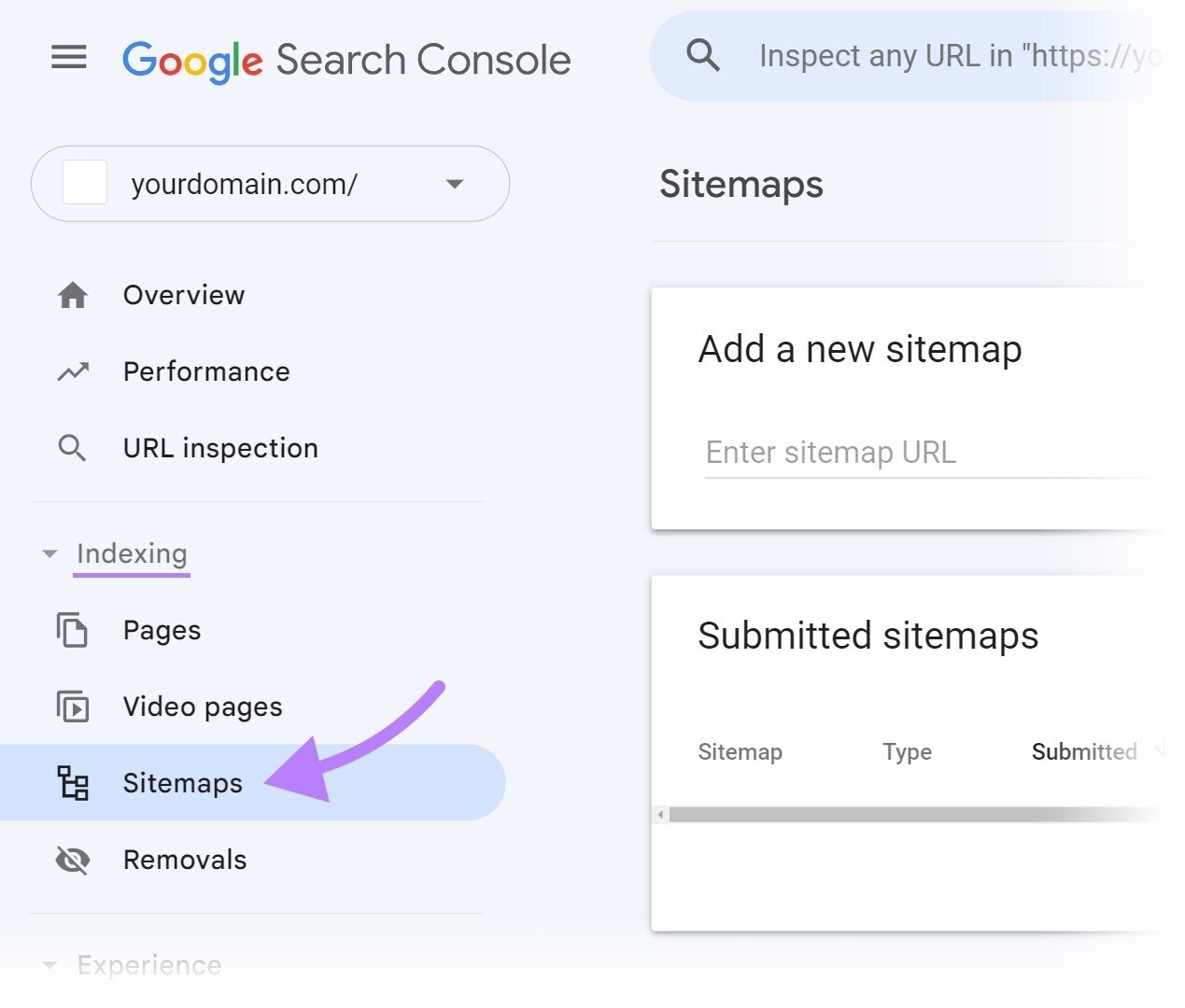 Navegando até "Sitemaps" no menu do GSC