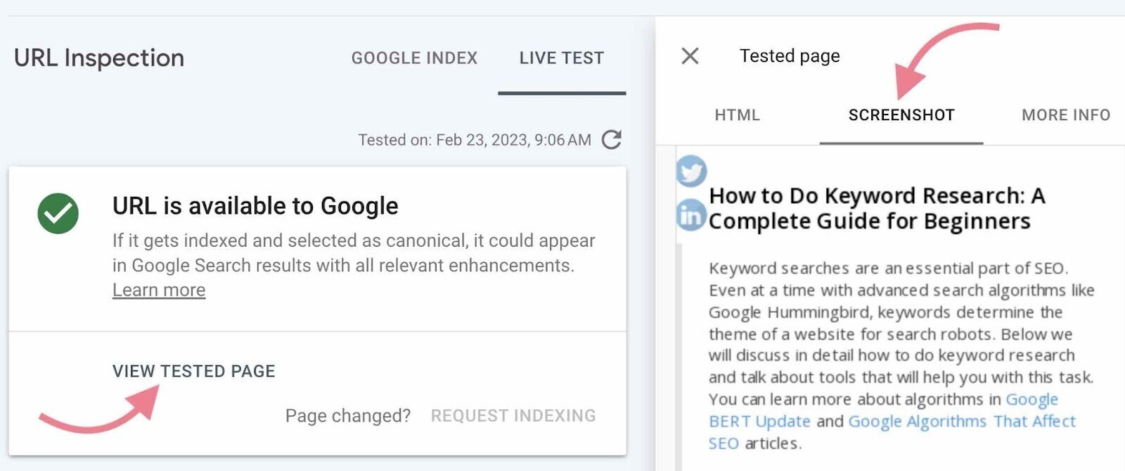 View Tested Page and Screenshot buttons