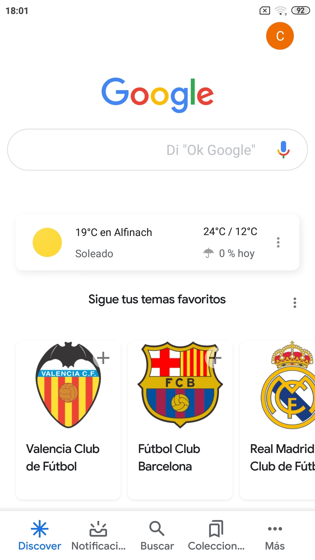 Google Discover - Pantalla inicial