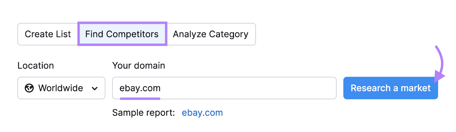 "ebay.com" entered under the "Find Competitors" option in Market Explorer tool