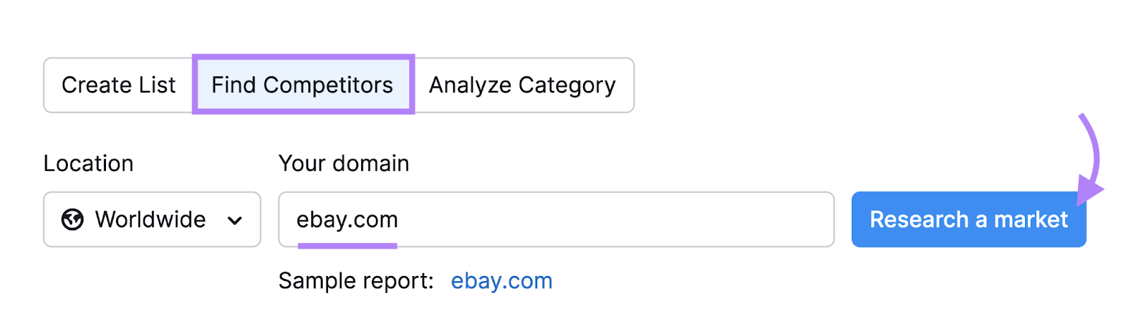 "ebay.com" saisi sous l'option "Trouver des concurrents" dans l'outil Market Explorer.