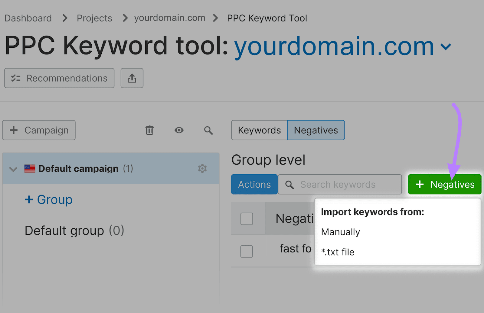 Select how you want to add negative keywords to PPC Keyword Tool