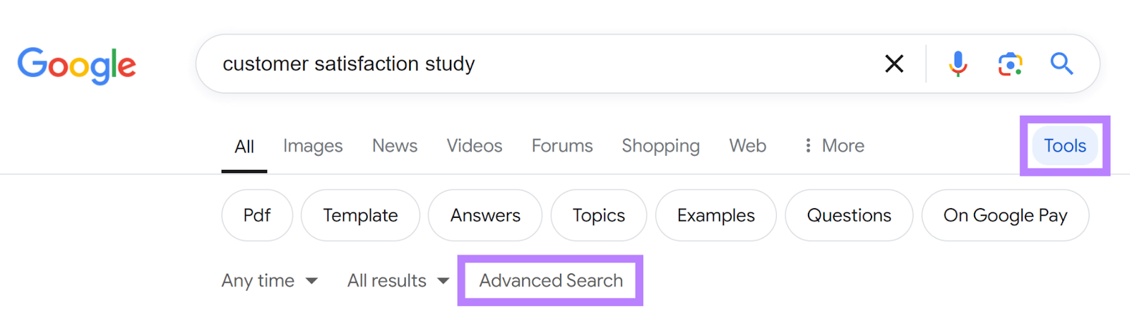 Google SERP for 'customer satisfaction study' with Tools button and Advanced Search option highlighted