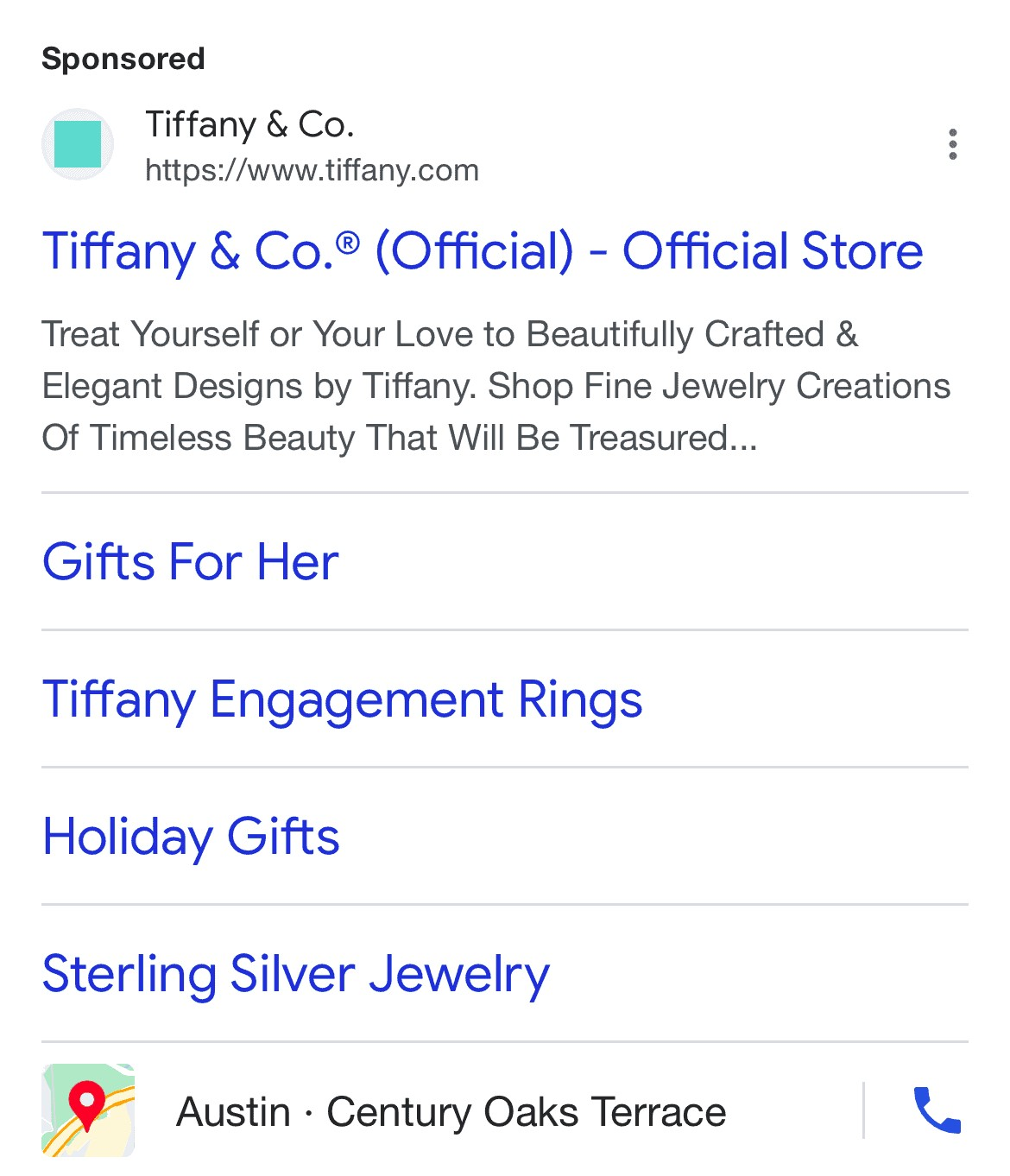 Tiffany & Co.'s google search mobile ad displayed to users in Austin, Texas
