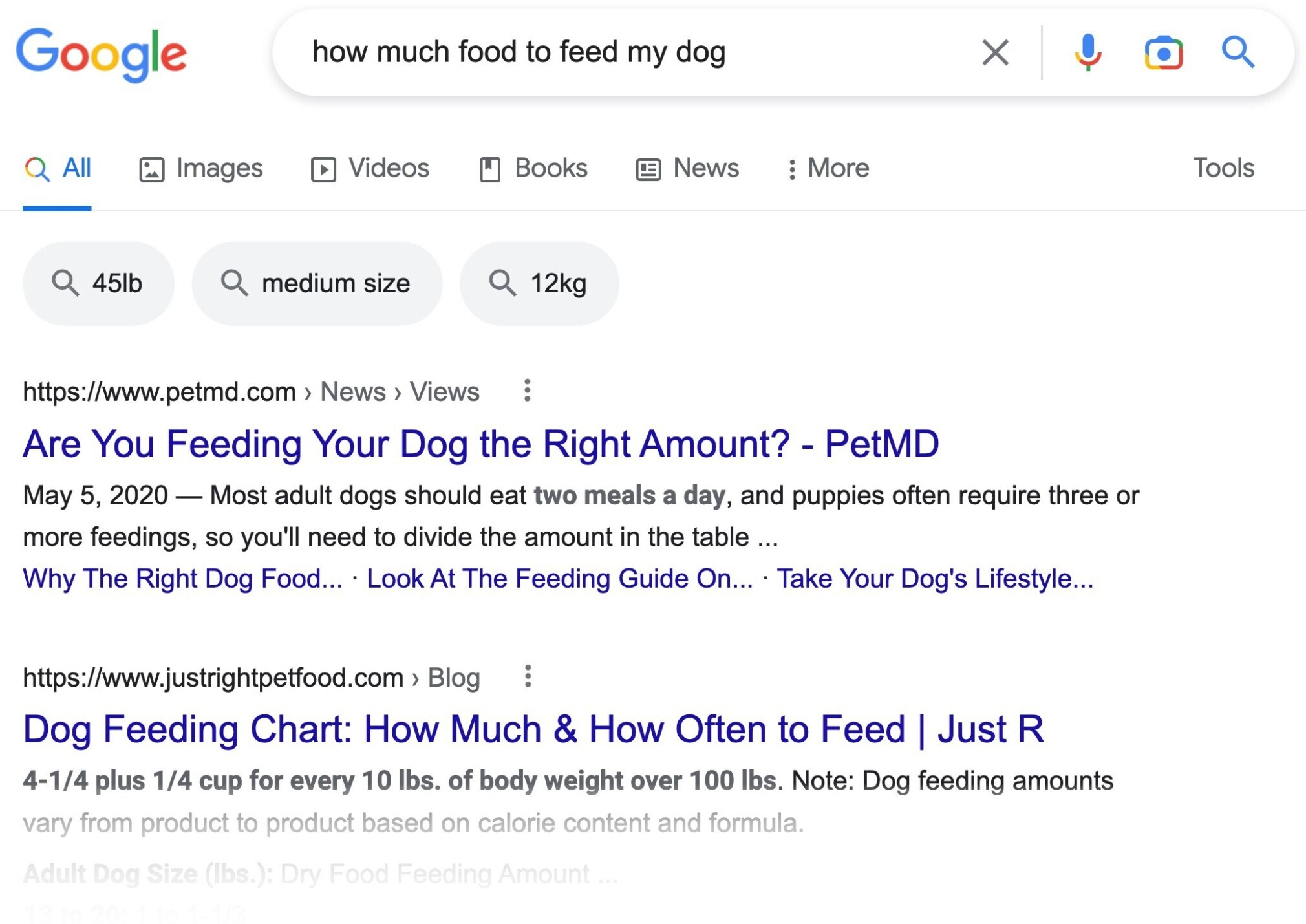 SERP for the keyword "how much food to feed by dog"