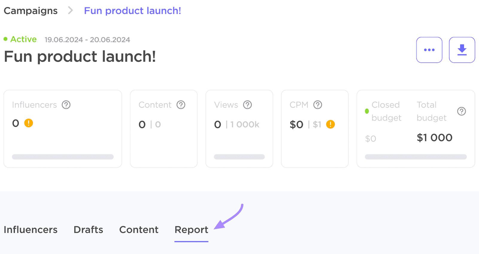 Influencer Analytics campaign management dashboard with the "Report" tab highlighted with a purple arrow.