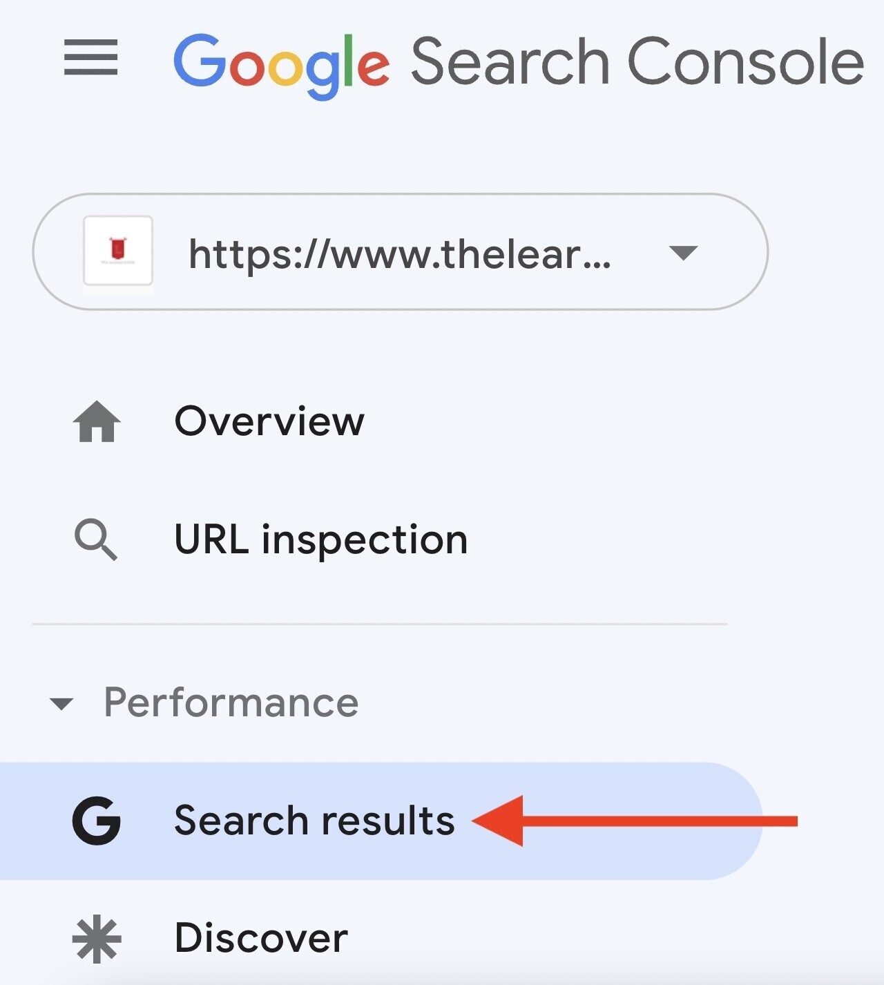 Google Search Console 中突出顯示的“搜索結果”標籤按鈕