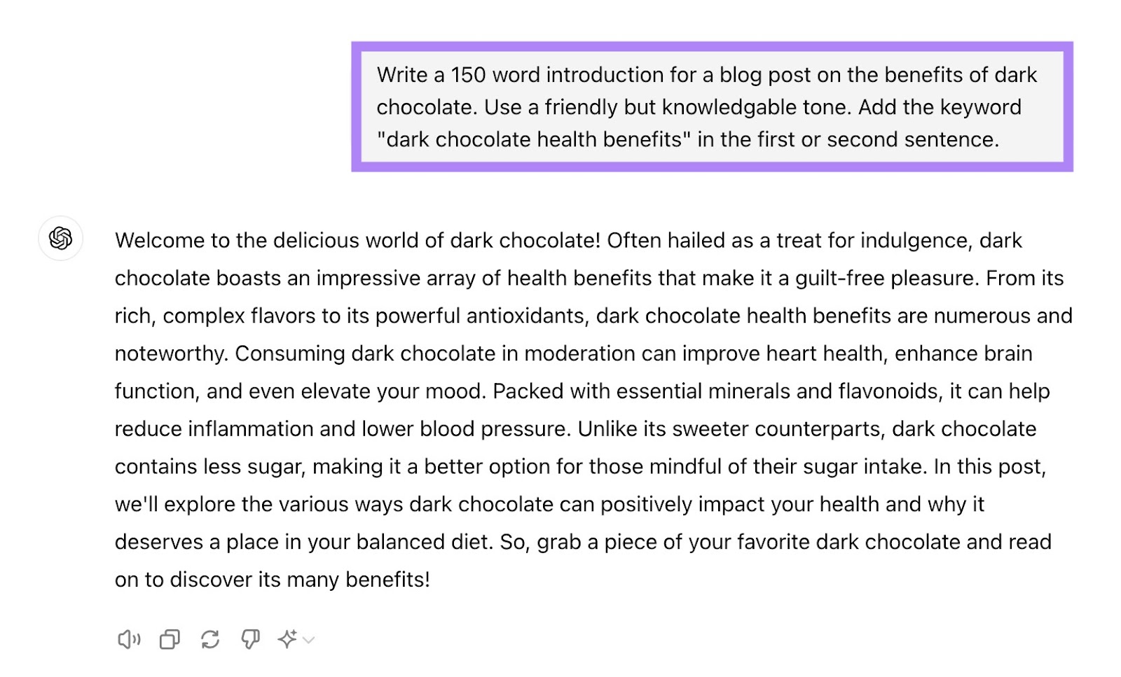 A prompt on ChatGPT to write an introduction for a blog post on the benefits of dark chocolate.