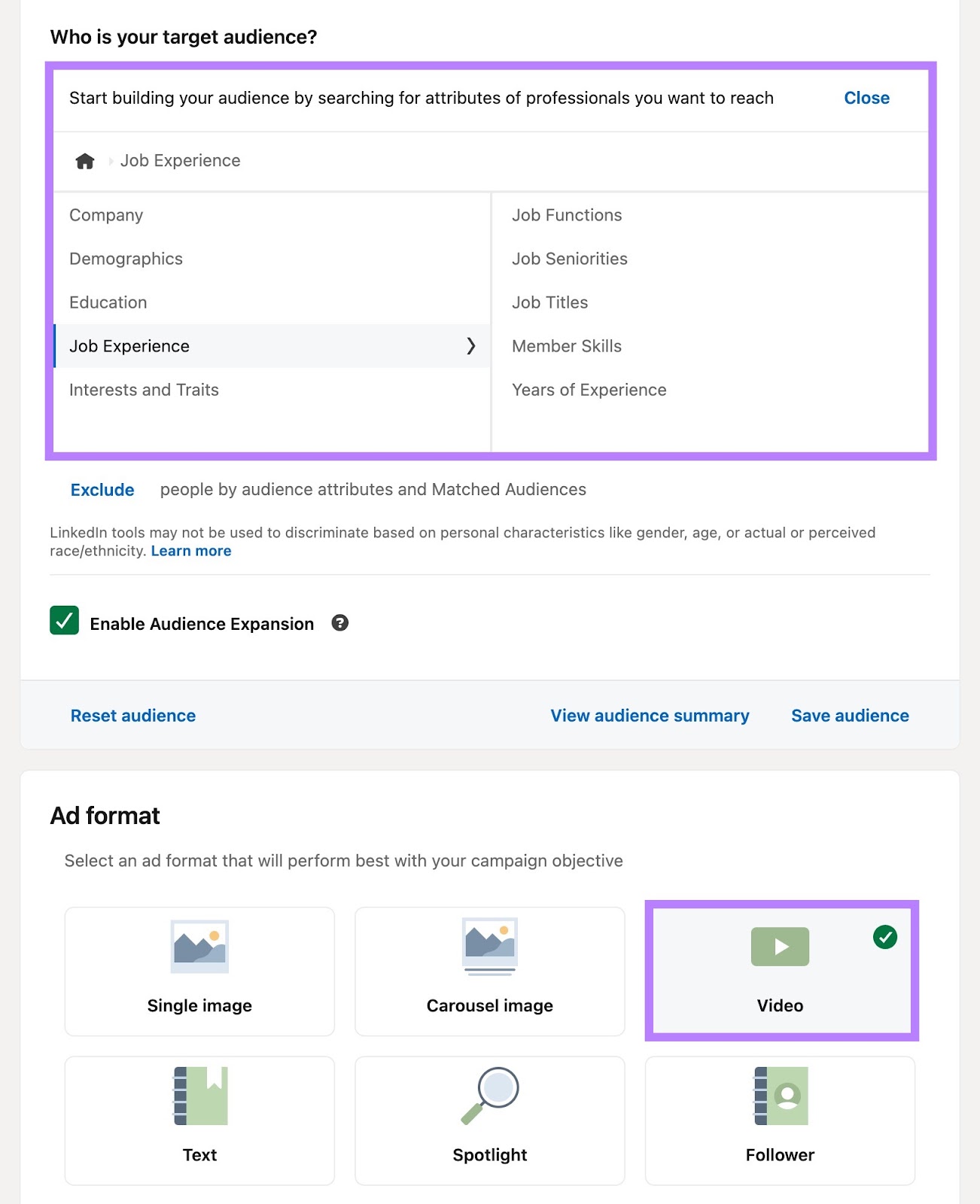 Targeting settings on LinkedIn Ads Manager with options to target based on company, demographics, job experience, etc.