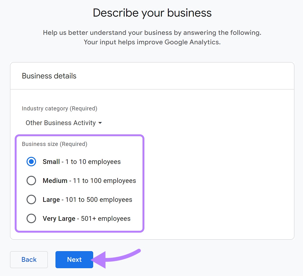 "Small - 1 to 10 employees" options selected under "Business size" drop-down menu