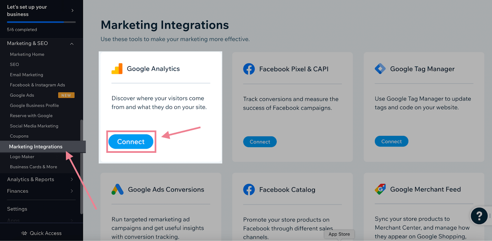 Connect Google Analytics under Marketing Integrations page in Wix