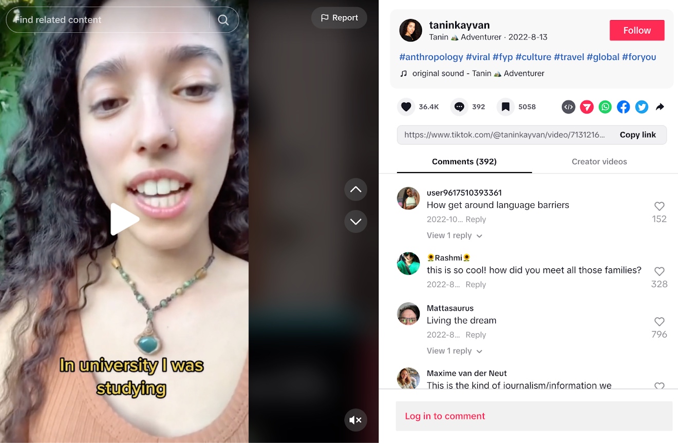Tanin Kayvan's TikTok video on the left and comments on the right