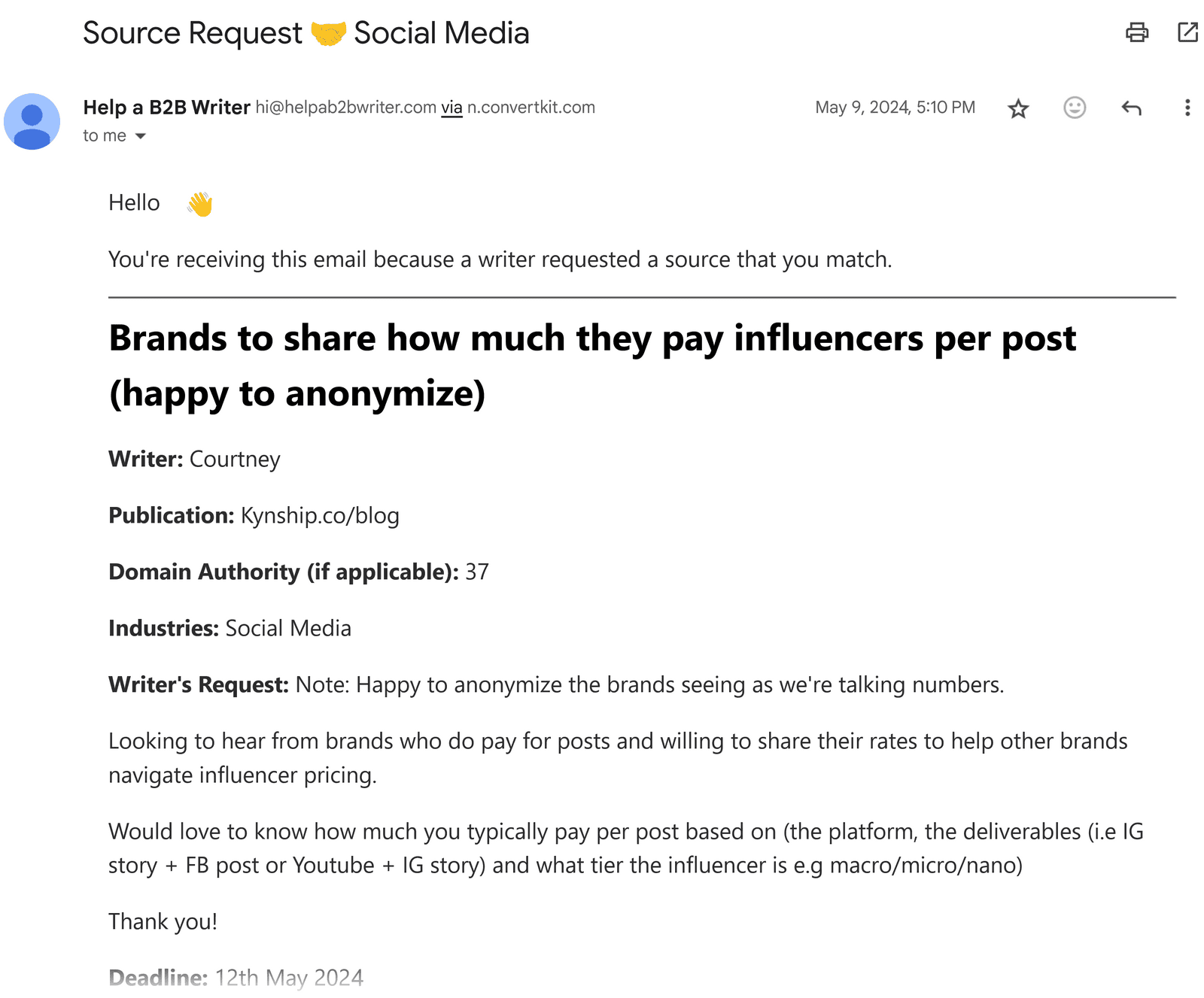 Section of an email requesting brands to share how much they pay influencers per post, for a social media article.