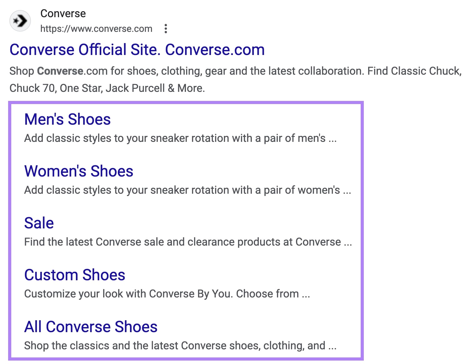 Google hunt  effect   for the marque  Converse showing 5 sitelinks nether  the listing.