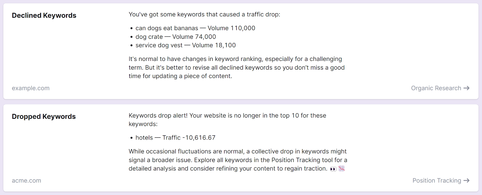 Semrush Copilot recommendations for Declined keywords and Drop keywords